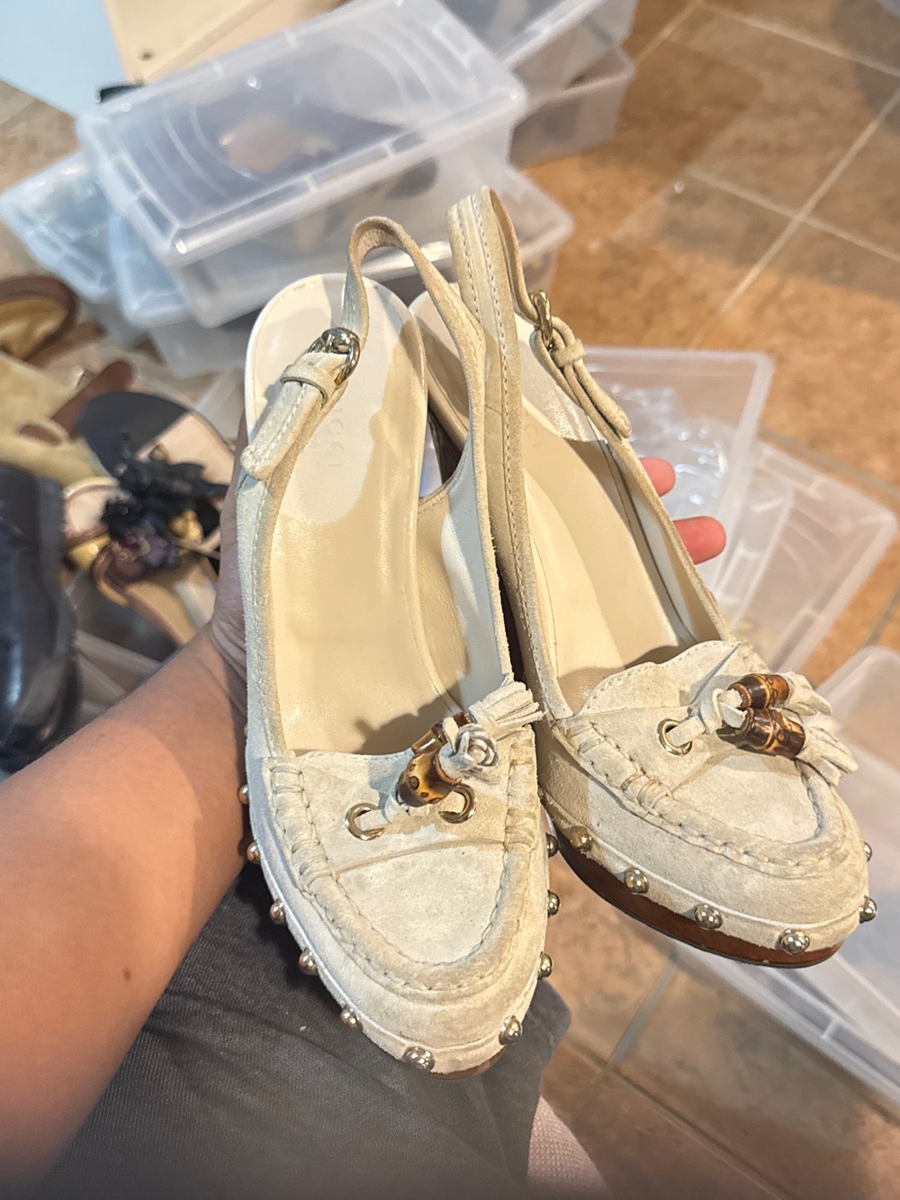 Gucci Cream Suede Slingback Mules with Tortoiseshell Accent